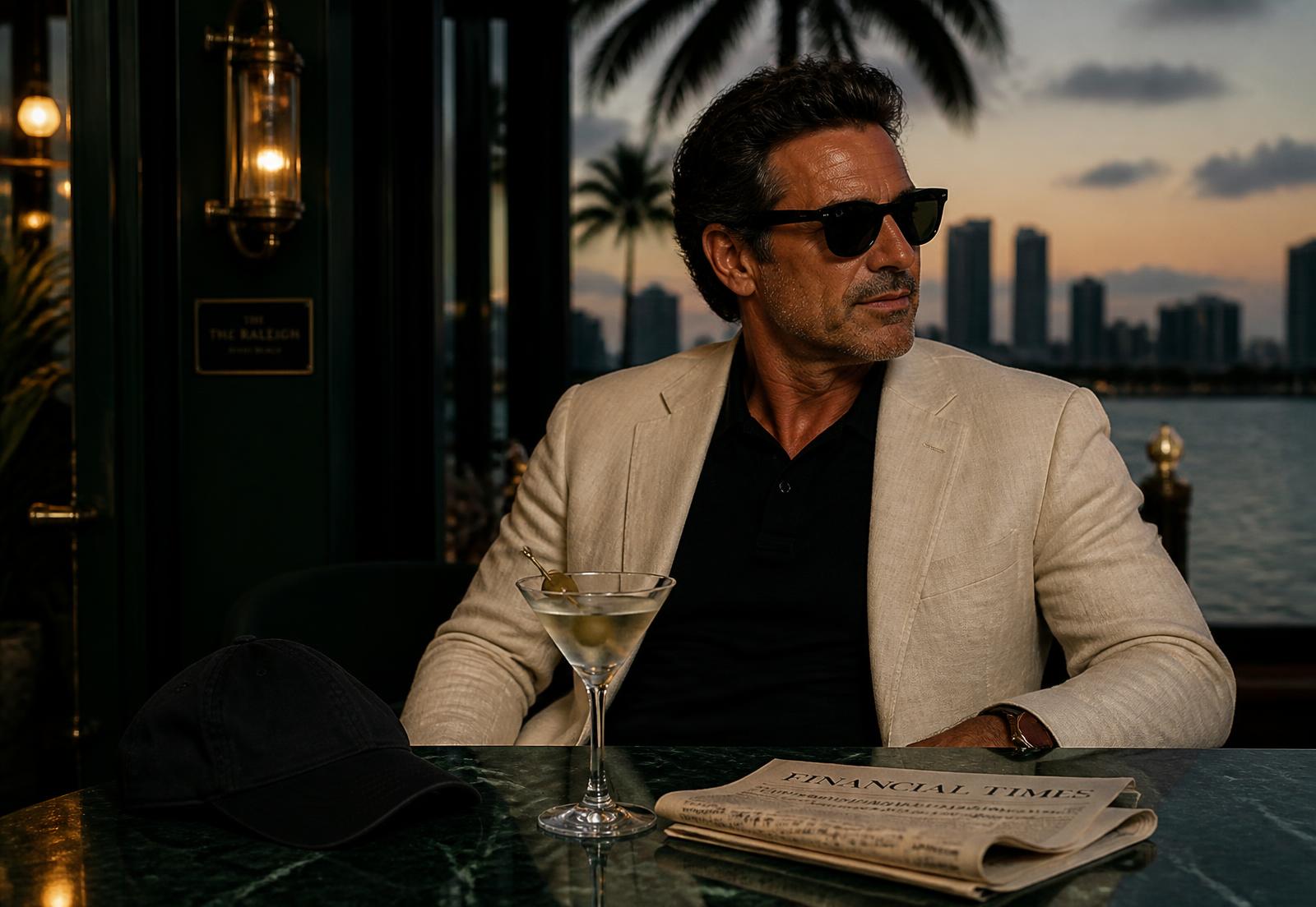 A Dry Powder Social Club member on a Miami terrace at dusk