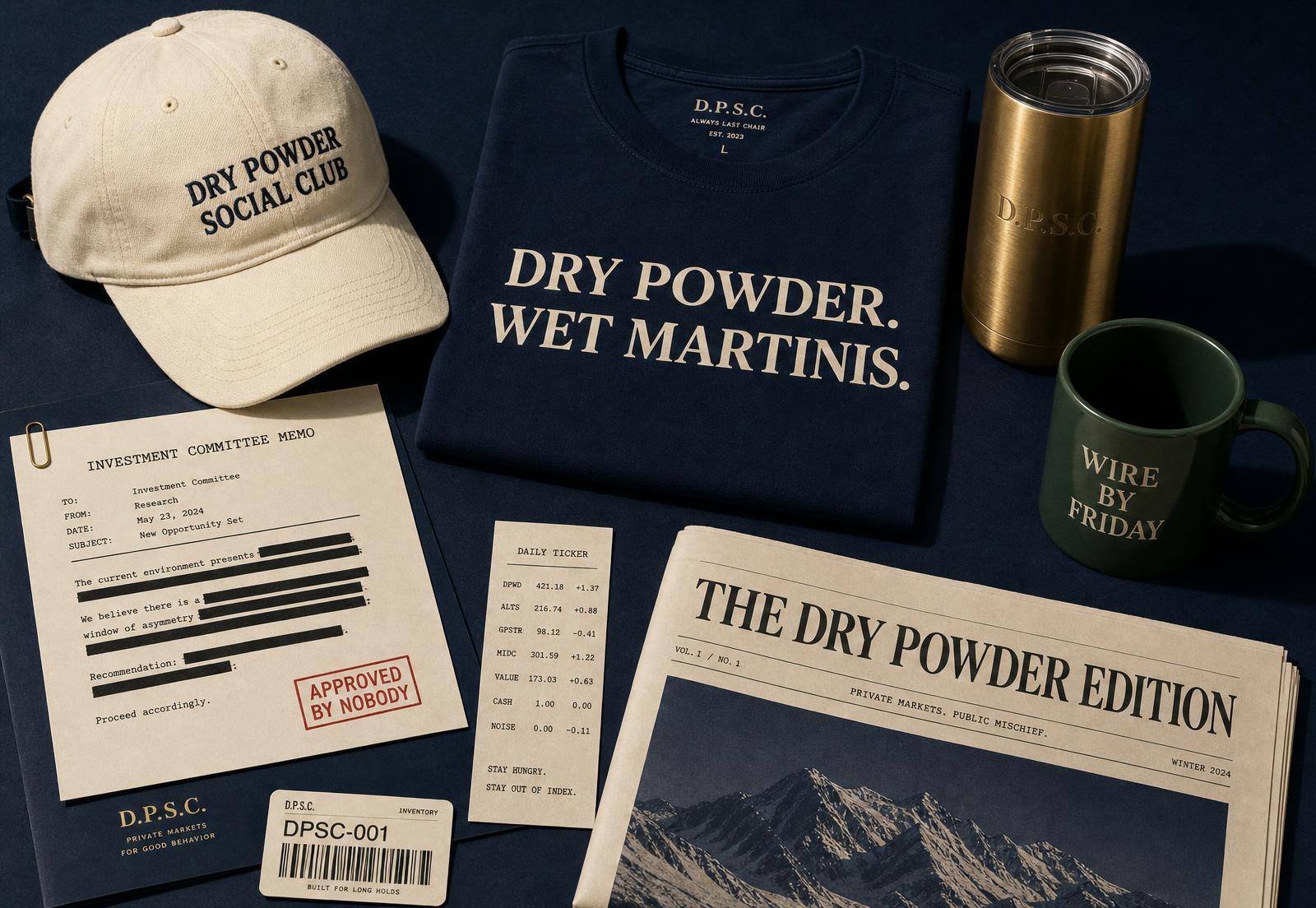 Dry Powder Social Club campaign collage of caps, tees, mugs and paperwork