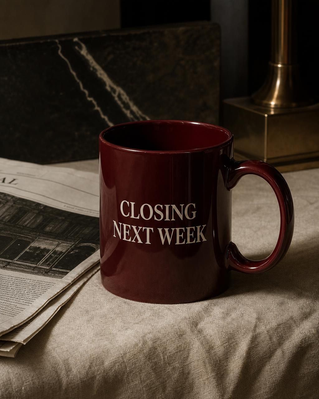 Closing Next Week Mug — Oxblood / cream